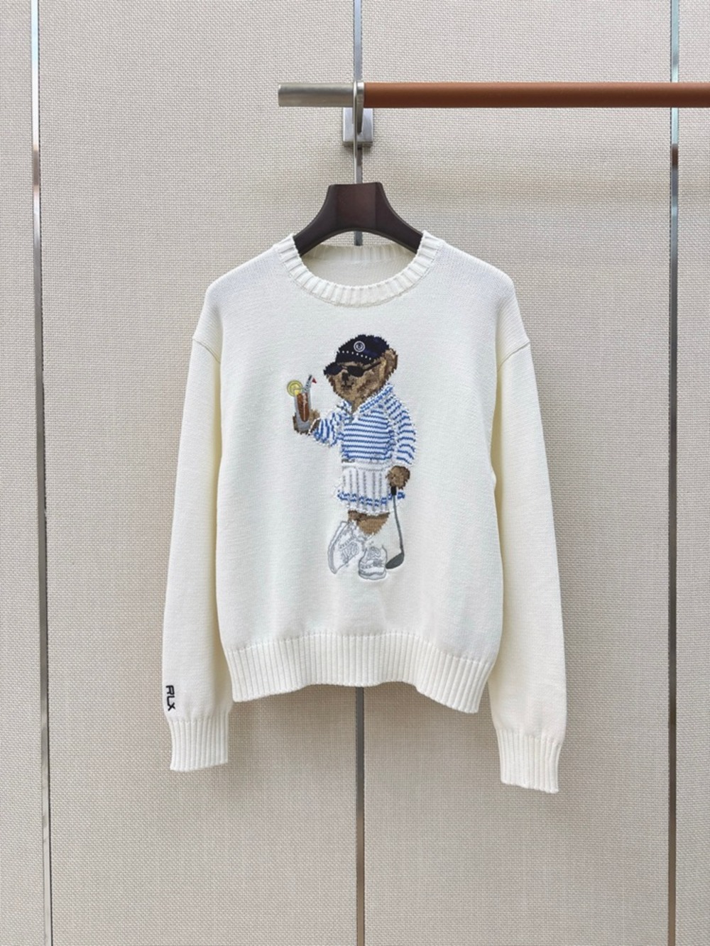 RLX Golf Bear Embroidered White Crewneck Knit Sweater